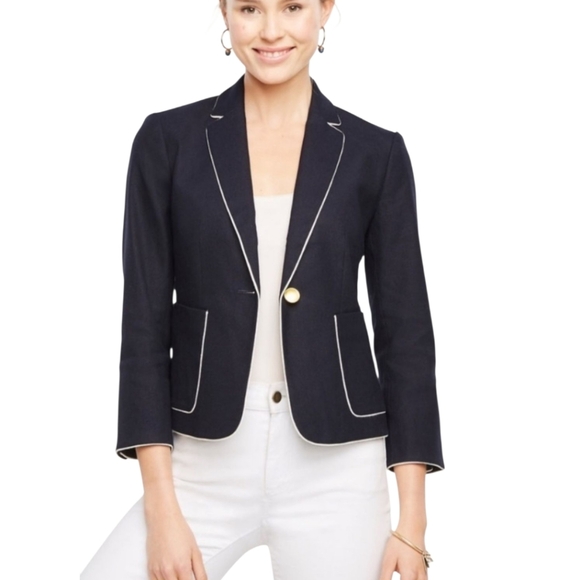 Ann Taylor Jackets & Blazers - Ann Taylor Blue with White Piping One Button Blazer Jacket Size 12